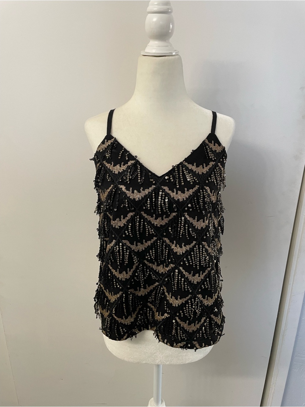Porridge Anthropologie Black Gold Sequence Spaghetti Strap Top Size S
